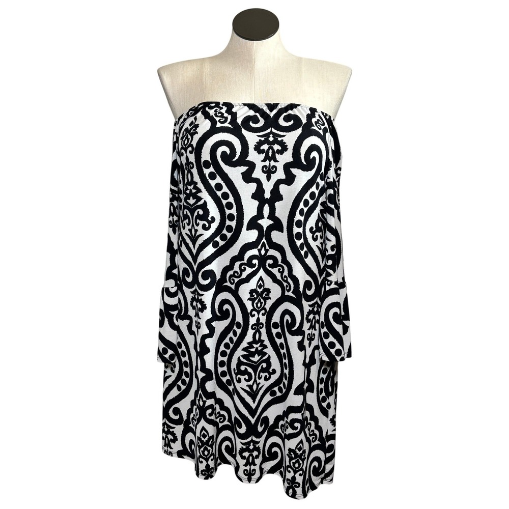 Vanilla Bay Black White Damask Off Shoulder Bell Sleeve Tunic Dress Women L